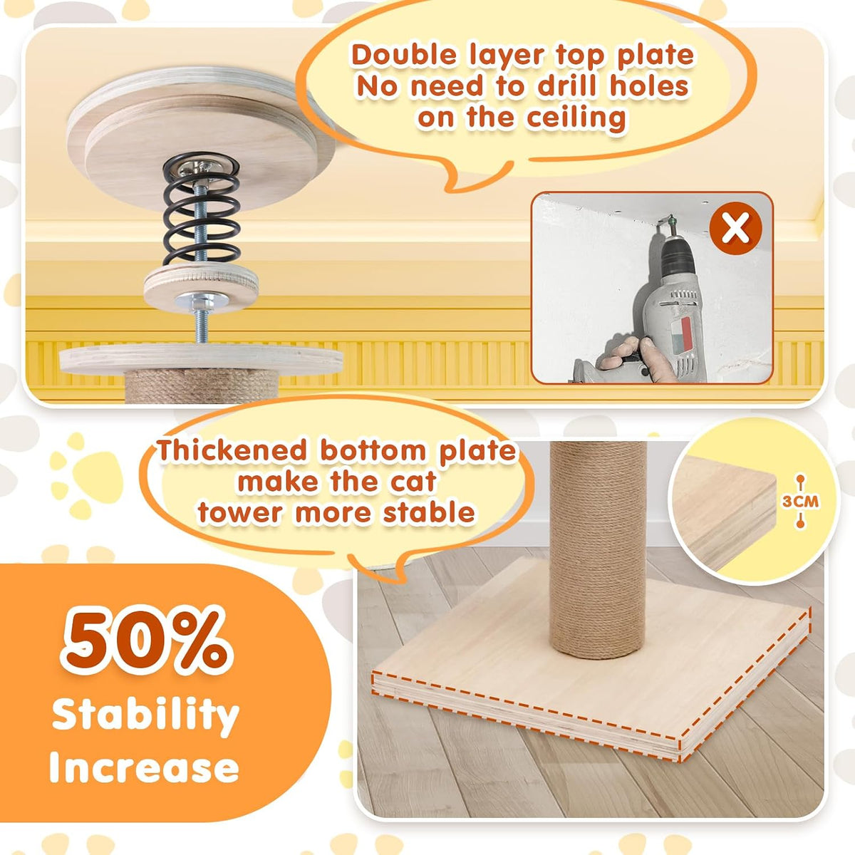 Floor to Ceiling Cat Tree Tall Cat Tower, 230-275Cm Adjustable Heigh