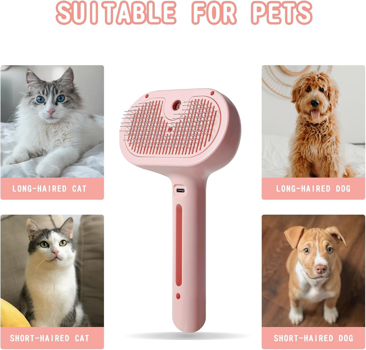 Pet Spray Hair Comb, Cat Hair Brush with Water, Pet Hair Removal Comb with Water Tank, Wet Cat Comb, 2 in 1 Cleaning Brush Cat,Cat Brush with Release Button,Pet Hair Cleaner Brush for Cats (Pink)
