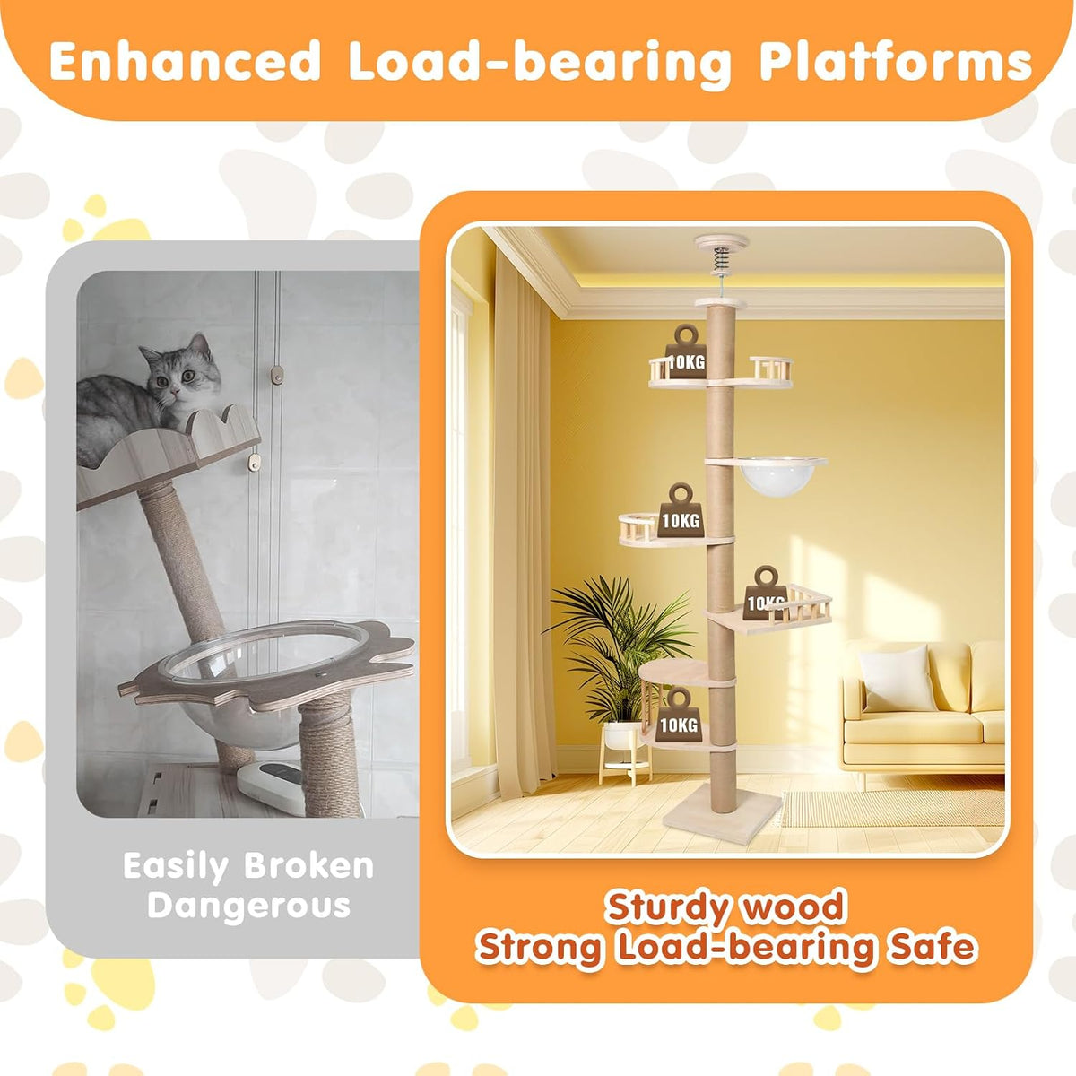 Floor to Ceiling Cat Tree Tall Cat Tower, 230-275Cm Adjustable Heigh
