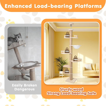 Floor to Ceiling Cat Tree Tall Cat Tower, 230-275Cm Adjustable Heigh