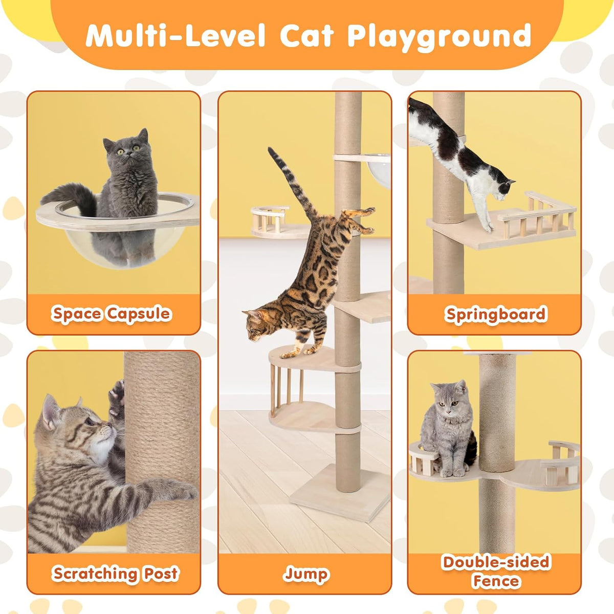 Floor to Ceiling Cat Tree Tall Cat Tower, 230-275Cm Adjustable Heigh