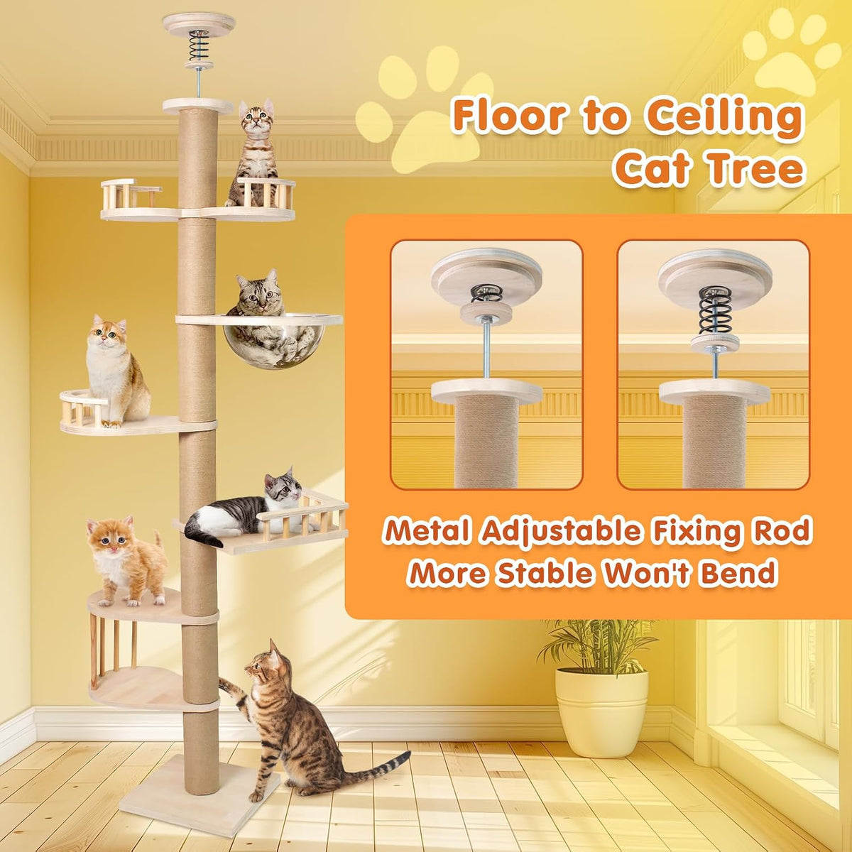 Floor to Ceiling Cat Tree Tall Cat Tower, 230-275Cm Adjustable Heigh
