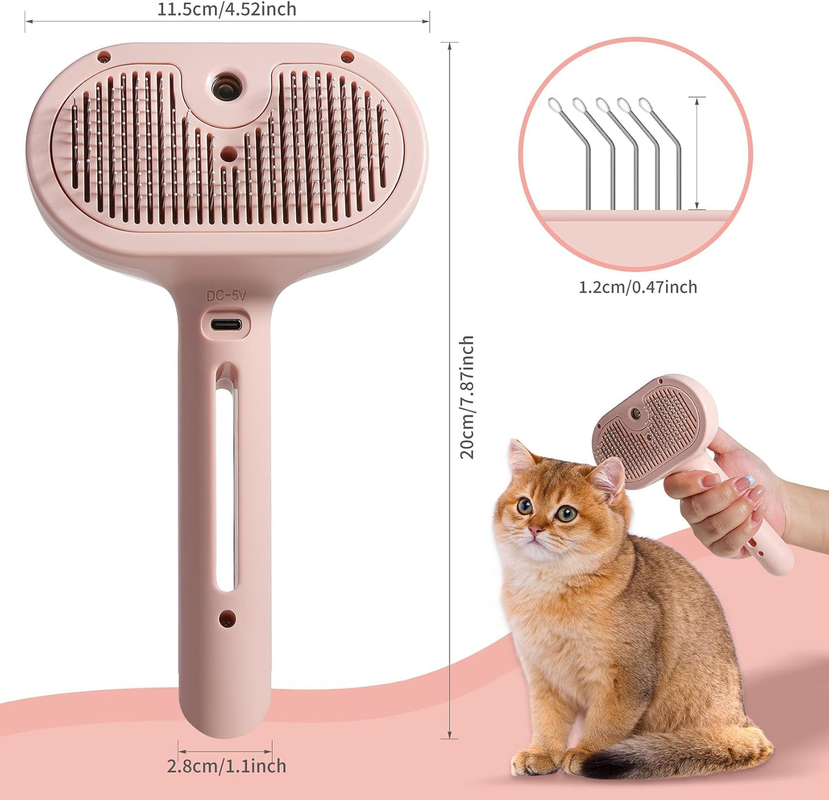 Pet Spray Hair Comb, Cat Hair Brush with Water, Pet Hair Removal Comb with Water Tank, Wet Cat Comb, 2 in 1 Cleaning Brush Cat,Cat Brush with Release Button,Pet Hair Cleaner Brush for Cats (Pink)