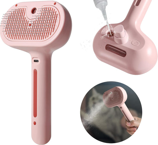 Pet Spray Hair Comb, Cat Hair Brush with Water, Pet Hair Removal Comb with Water Tank, Wet Cat Comb, 2 in 1 Cleaning Brush Cat,Cat Brush with Release Button,Pet Hair Cleaner Brush for Cats (Pink)