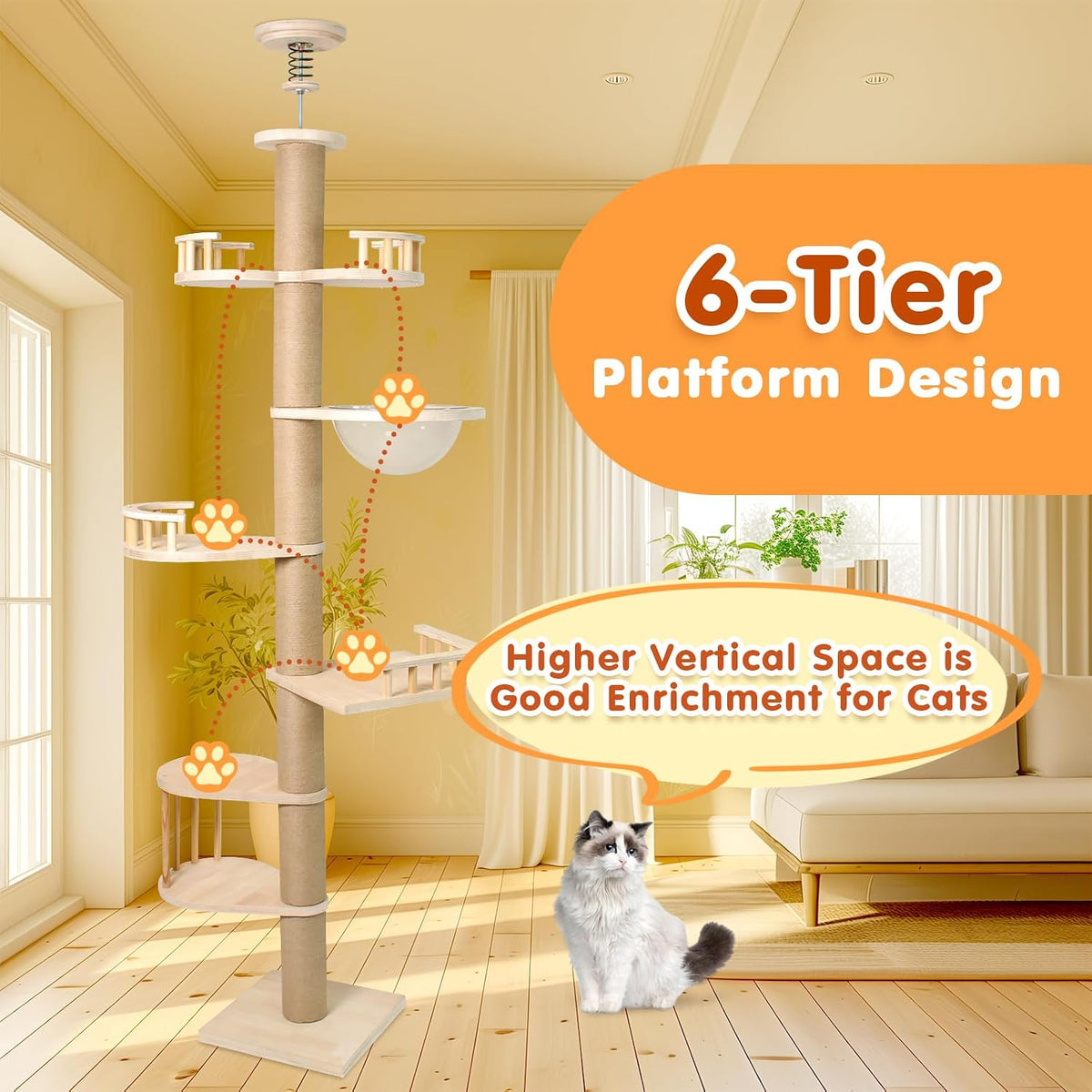Floor to Ceiling Cat Tree Tall Cat Tower, 230-275Cm Adjustable Heigh