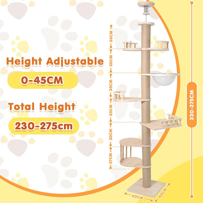 Floor to Ceiling Cat Tree Tall Cat Tower, 230-275Cm Adjustable Heigh